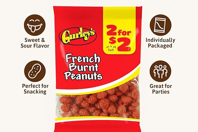 Gurley's Old Fashioned French Burnt Peanuts, Candy Coated Spanish Peanuts, Snack Size Bags, High Protein Treats (Pack of 12)