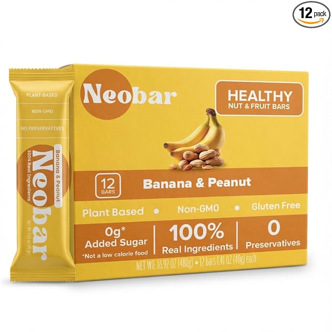 NEOBAR Fruit and Nut Bars - Plant-Based Vegan Snack Bars, Gluten Free Dairy Free Snacks, No Added Sugar, No Preservatives, Non-GMO | Banana & Peanut,12 Count