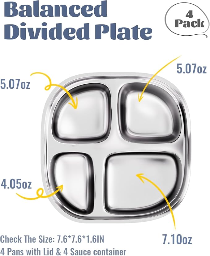 Stainless Steel Divided Plate for Kids Toddler, Non Toxic Portion Control Plate Dinner Plate with Lid for Adults Weight Loss, 4 Pack 4 Sections Square Snack Plate Tray