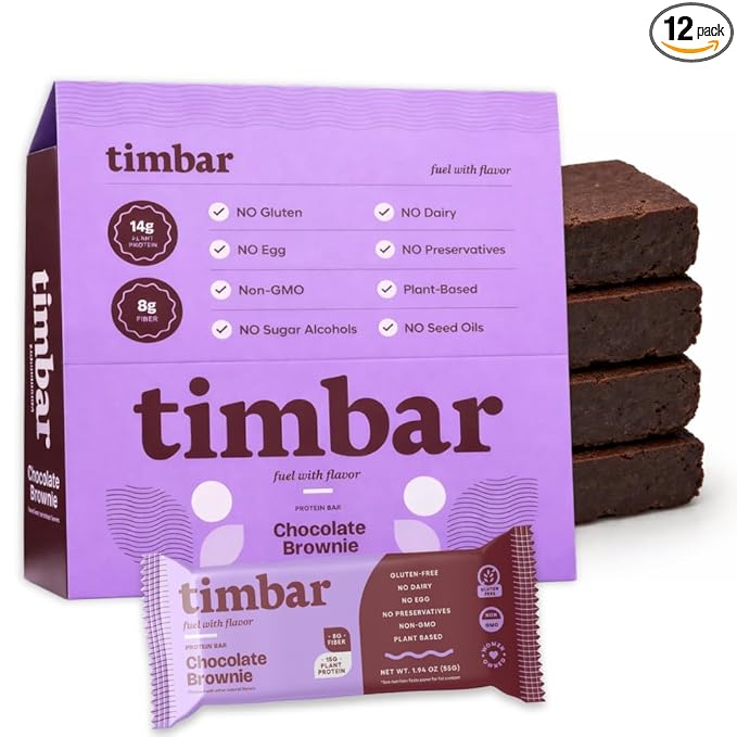 timbar Plant-Based Protein Bars, Chocolate Brownie | 14g Plant Protein, 8g Prebiotic Fiber | Gluten, Dairy & Egg Free, Non-GMO, No Sugar Alcohols (12 Pack)