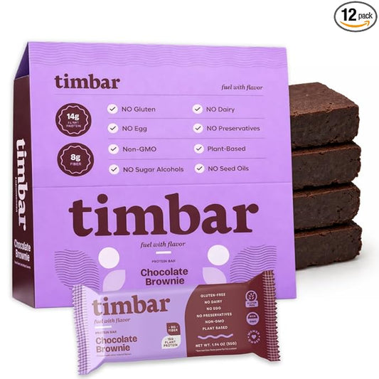 timbar Plant-Based Protein Bars, Chocolate Brownie | 14g Plant Protein, 8g Prebiotic Fiber | Gluten, Dairy & Egg Free, Non-GMO, No Sugar Alcohols (12 Pack)