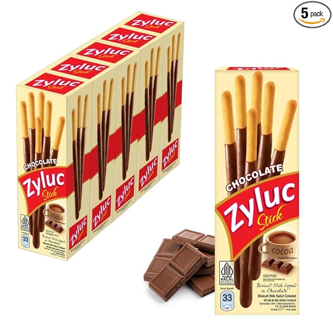 Zyluc Chocolate Biscuit Sticks – Cocoa-Dipped Crunchy Snack with Chocolate Flavor – Non-GMO Ingredients – 33g Pack, Halal Certified, No Trans Fat, Crispy Asian Treat – On-the-Go Sweet Snack, Pack of 5