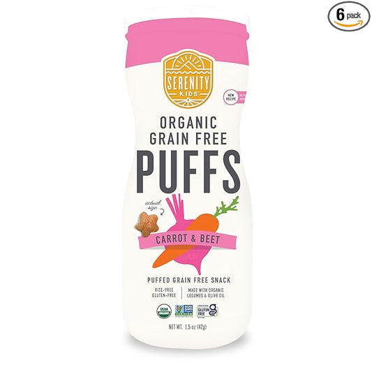 Serenity Kids 6+ Months Allergen-Safe Puffs for Toddlers & Babies - 1.5 oz Pack of 6, Carrot & Beet - USDA Organic Baby Snacks - No Grains, Gluten, Nuts, Rice - Veggie-Packed Puffs for Toddler Food