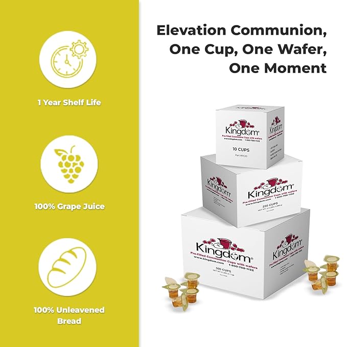 Kingdom Prefilled Communion Cup with Wafers(100 ct - white juice) Sealed in a Single-Serving Container with Upto 1-Year Shelf Life, Perfect for Holy Eucharist Celebration in Hospitals, Summer Camps, and More!