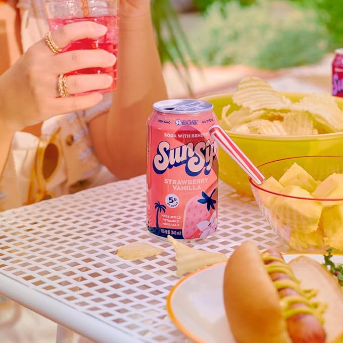 SunSip Prebiotic Soda With Benefits - Gut-Healthy Beverage with Vitamins and Minerals, 25 Calories, Soda Alternative, Naturally Sweetened with 5g of Sugar, 11.5 oz (12 Pack) Strawberry Vanilla