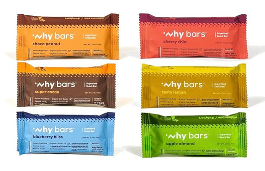 Why Bars, Superfood Protein Bars, Variety Pack, 2.04 Ounce Bars (Pack of 12 Protein Bars) - Protein Bar Superfood, Gluten Free, Non GMO, Organic, Vegan, Simple Ingredients