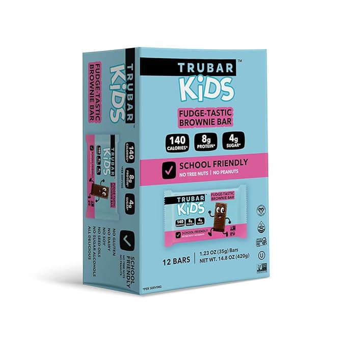 TRUBAR Kids Protein Bars, Fudge-Tastic Brownie, Plant Based Protein, Gluten Free School-Friendly Snacks for Lunchboxes, Tree Nut and Peanut Free, Low Sugar, Healthy On the Go Snack Bars, 12 Count