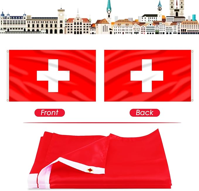 AhfuLife 2 Pcs Switzerland Flag 3x5 Ft, Large Switzerland National Flags for Outside - Double Side with Brass Eyelets for Olympic Party Decorations, Bar Garden Street Decoration Indoor Outdoor