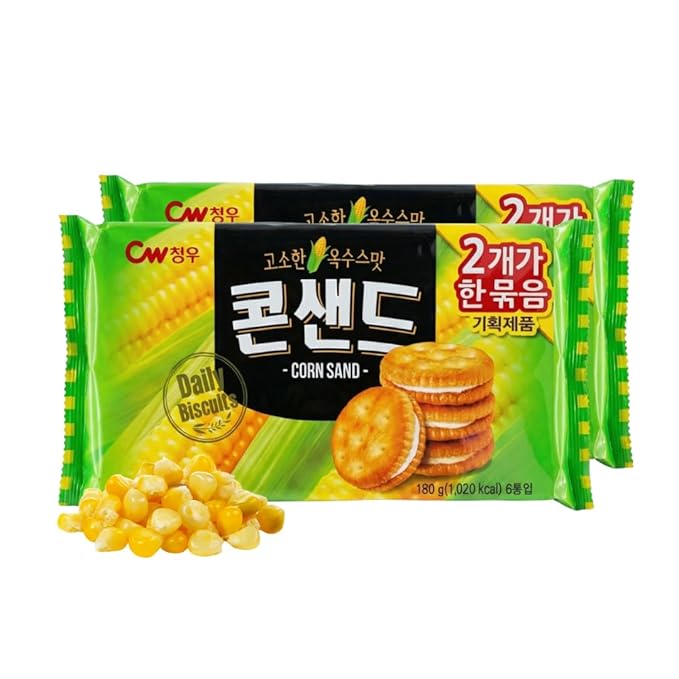 Korean Food CW Corn Sand Biscuits, Sweet Corn Cream Sandwich Crackers, 1+1 Family Pack (6 Packs x 2), Crispy Korean Snack (Total 12 Packs, 12.7oz)