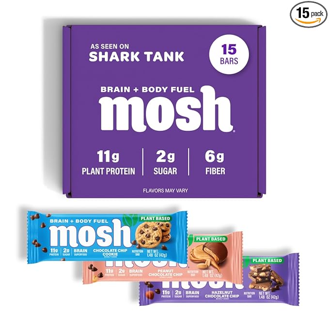 MOSH Variety Pack Vegan Protein Bars, Plant Based, Keto, Gluten Free, Brain Healthy Snack with Cognizin, Ashwagandha and Lion's Mane, 15 Count