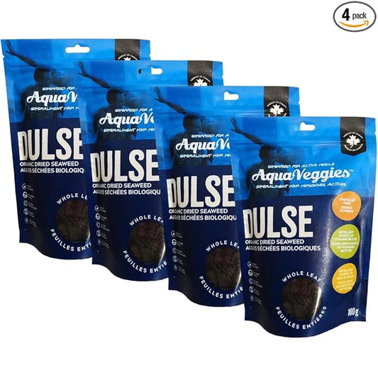 Aqua Veggies Organic Atlantic Dulse Whole Leaf – Hand-Harvested & Sun-Dried from Bay of Fundy – Rich in Iodine, B6, B12, Iron, Protein, Calcium & Magnesium – Vegan Superfood (3.5 Ounce (Pack of 4))