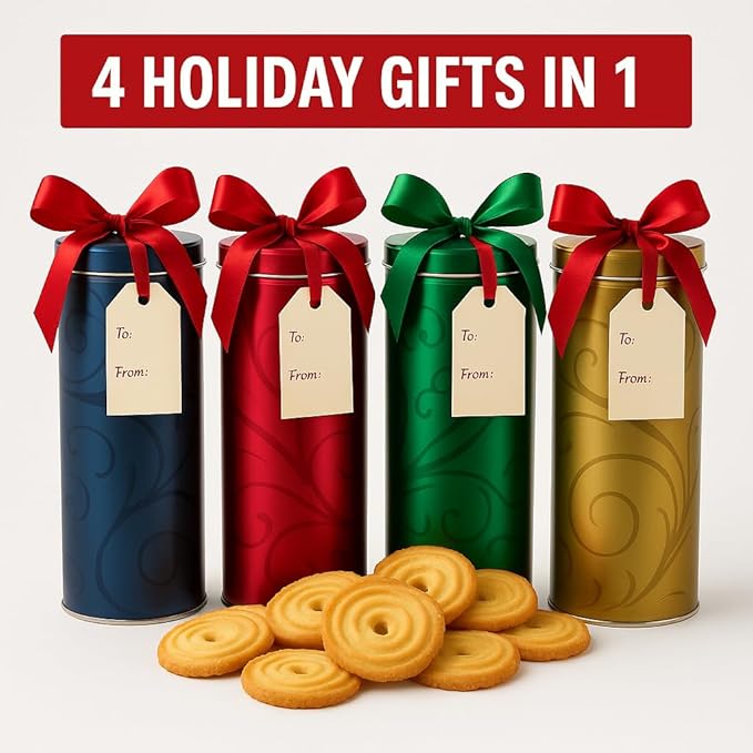 European Shortbread Cookies Tin Gift Set – 4 Holiday Gifts in 1 – German-Style Butter Shortbread, 4 Decorative Tins Filled with Crispy Cookies – Christmas Cookie Gift Pack for Sharing & Gifting