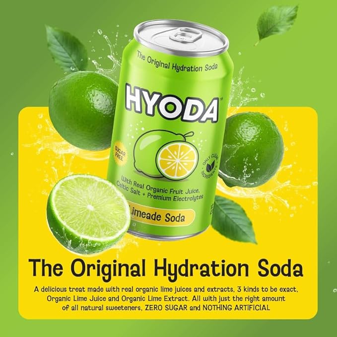 HYODA Limeade Soda, Gluten Free and Vegan Sparkling Electrolyte Drink, Made with Organic Lime Juice, Celtic Salt, and Calcium, Keto, Zero Sugar, Plant Based, Caffeine Free, 12 FL OZ Cans, 12 Pack