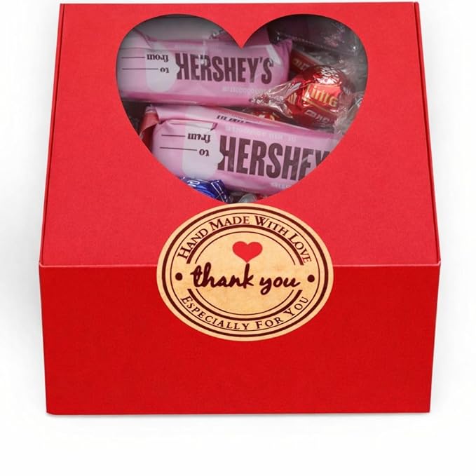 Valentine's Day Chocolate Gift Box with Assorted Gourmet Chocolates, Milk Chocolate & Peanut Butter Heart Shaped Candy - Assorted Milk Chocolate Truffles & Milk Chocolate Bars - Individually Wrapped In Festive Red & Pink - Red Heart Shaped Window Box