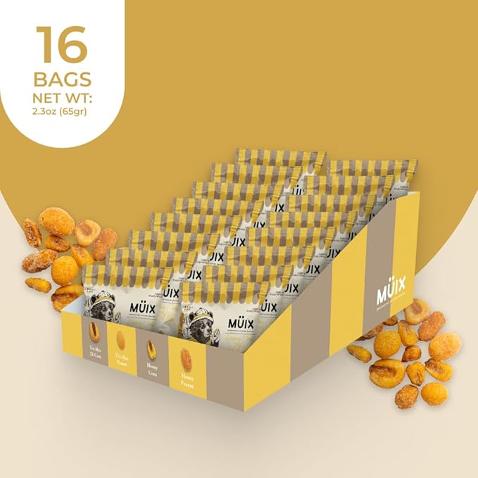 Müix Snacks, Premium Snack Mix: Honey Mix - 2.3 Ounce Bags (Pack of 16 Bags), Healthy Trail Mix, Snack Mix (XL Corn, TexMex Peanut, Honey Corn and Peanut)