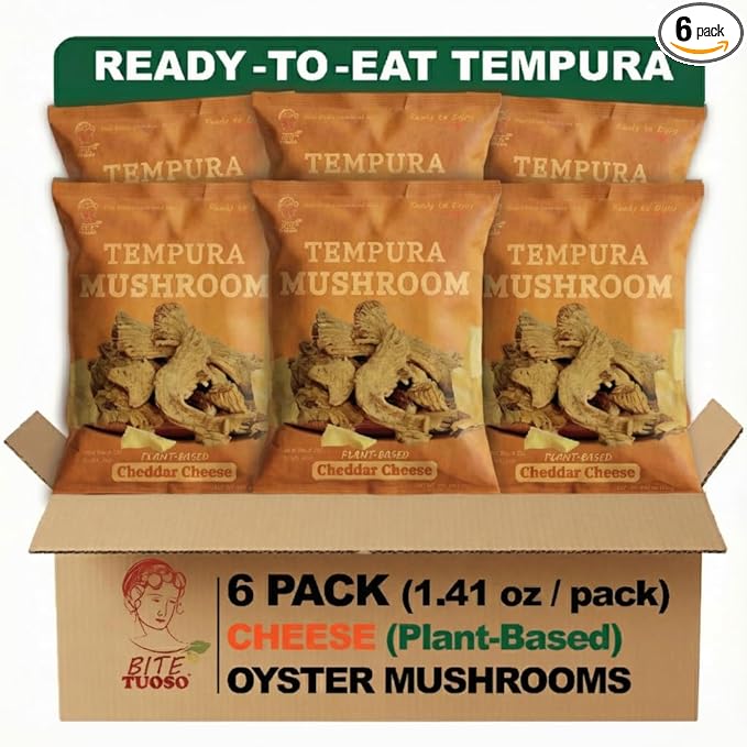 BITETUOSO Tempura Oyster Mushrooms – Ready-to-Eat Crispy Snack, Cheddar Cheese (Plant-Based) Flavor, Crowd-Pleaser for Parties, Kids & Adults – Gourmet Plant-Based Snack Chips 1.41oz (6-Pack)