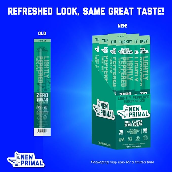New Primal Lightly Peppered Turkey Sticks, Keto, Gluten Free Healthy Snacks, Sugar Free Low Carb High Protein, Jerky Meat Stick, 7g Protein, 20 Ct