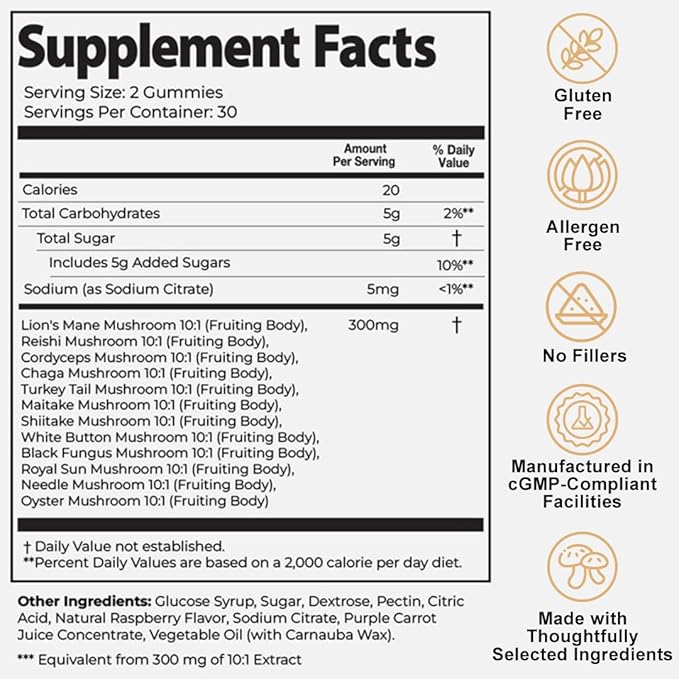 Auri Super Mushroom Daily Gummies – All-in-One Functional Gummy with 12 Mushroom Blend Including Lion’s Mane, Reishi, Chaga & Cordyceps – 60 Gummies