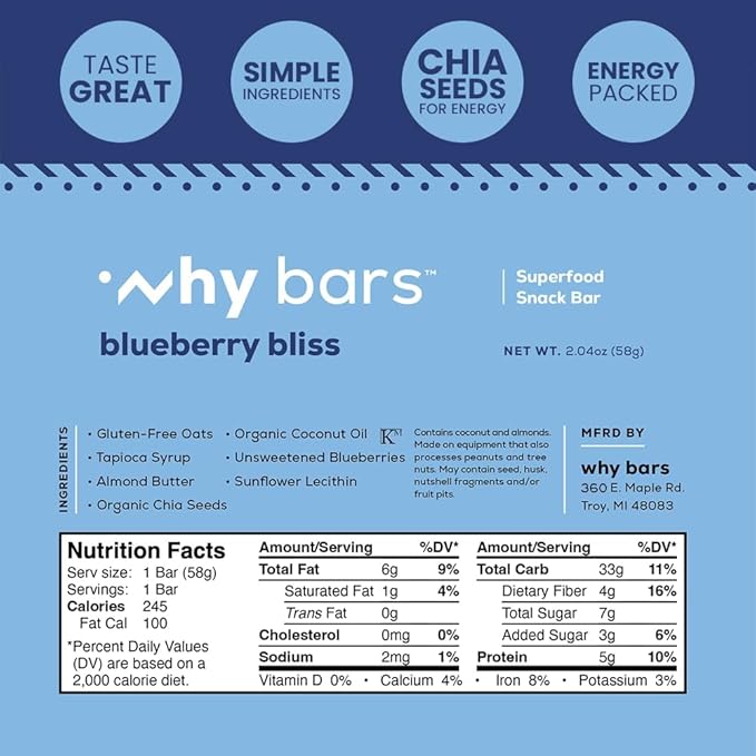 Why Bars, Superfood Protein Bars, 2.04 Ounce Bars - Protein Bar Superfood, Gluten Free, Non GMO, Organic, Vegan, Simple Ingredients (Blueberry)