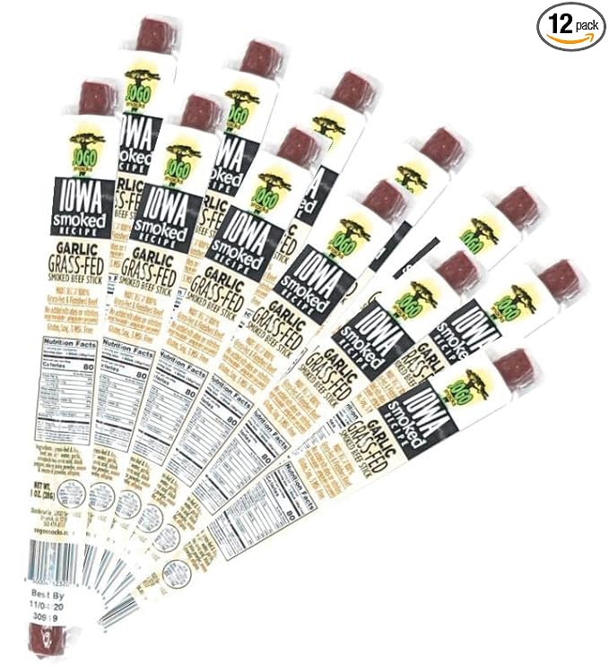 Garlic, Sogo Snacks, Sugar Free Beef Jerky, Non-GMO Grass-fed Beef Sticks. No Nitrates, Gluten, Soy, MSG, Dairy, or Nuts. Paleo, Whole30, & Keto Snack (Garlic-ISR, 1-oz, 12 Cnt)