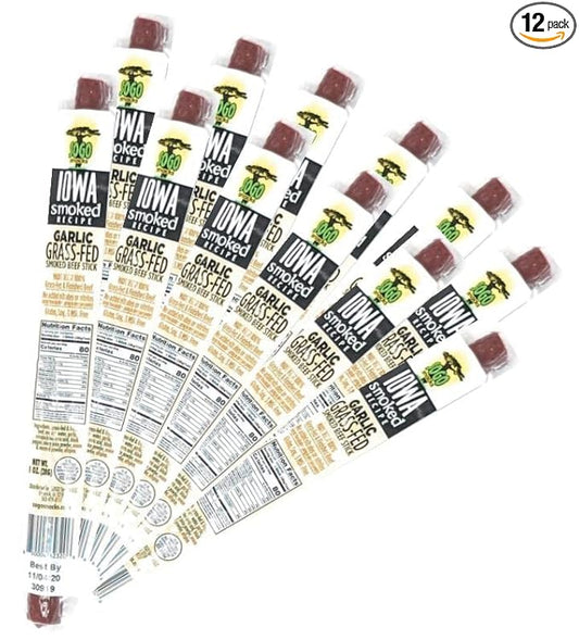 Garlic, Sogo Snacks, Sugar Free Beef Jerky, Non-GMO Grass-fed Beef Sticks. No Nitrates, Gluten, Soy, MSG, Dairy, or Nuts. Paleo, Whole30, & Keto Snack (Garlic-ISR, 1-oz, 12 Cnt)