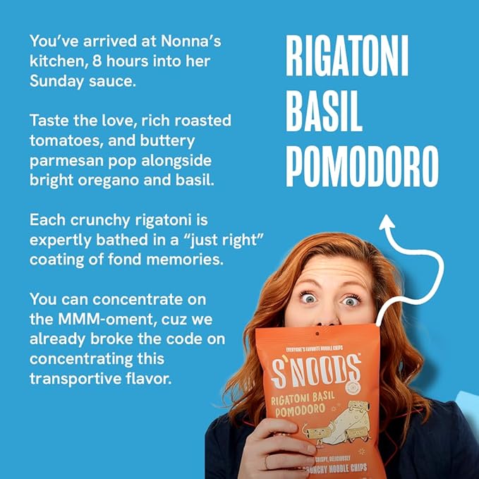 S’NOODS Rigatoni Basil Pomodoro Chips - Light & Crunchy Noodle Chips - Plant-Based Protein - Vegan Snacks - Gluten-Free - Perfectly Crispy & Delicious - For Adventurous Snackers - 3 oz (6 Pack)