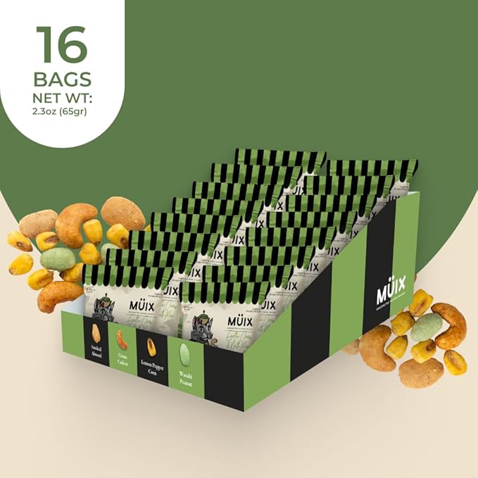 Müix Snacks, Premium Snack Mix: Exotic Mix - 2.3 Ounce Bags (Pack of 16 Bags), Healthy Trail Mix, Snack Mix (Smoked Almond, Citrus Cashew, Peppper Lemon Corn, Wasabi Peanut), Gluten Free, Vegan Snack