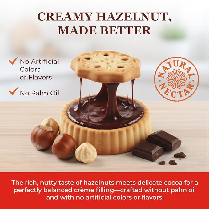 Natural Nectar Hazelnut Cocoa Crème Biscuits 6.35 oz – Sandwich Biscuits Filled with Smooth Hazelnut Cocoa Cream; Snack Cookies for Coffee Breaks & Dessert