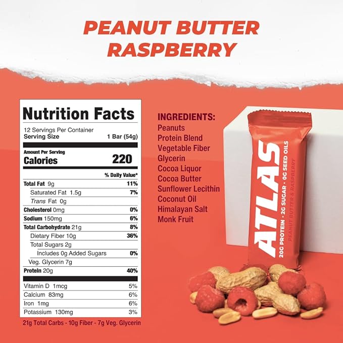 Atlas Real Food Protein Bar – 20g Clean Protein, 2g Sugar, No Seed Oils, No Artificial Sweeteners (Peanut Butter Raspberry, 36 Count)
