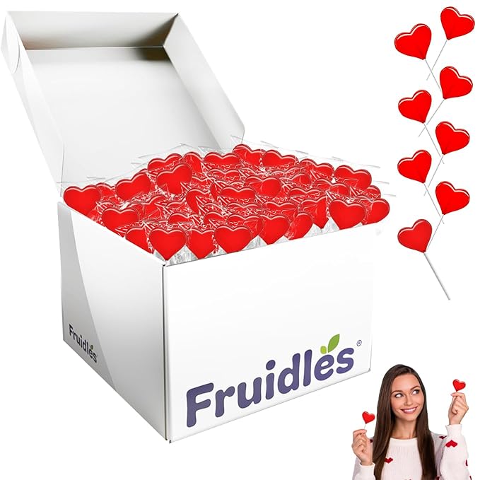 Fruidles Valentines Day Lollipops Mini Red Heart Shaped Strawberry Flavored Lollipop, Individually Wrapped, 5g Lollipops (2400 Lollipops)