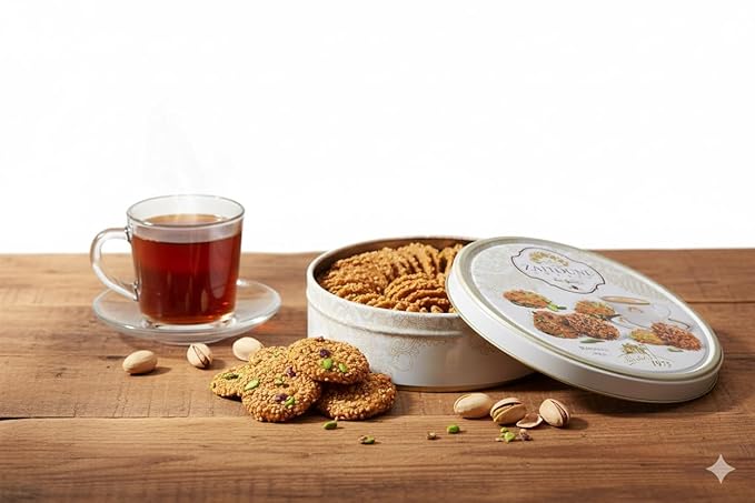 Zaitoune Barazek Cookies - 250 g | Luxurious Crunchy Sesame & Pistachio Biscuits Handcrafted in Turkey | Beautiful Reusable Gift Tin | Perfect for Coffee or Tea | Great Ramadan Sharing Present