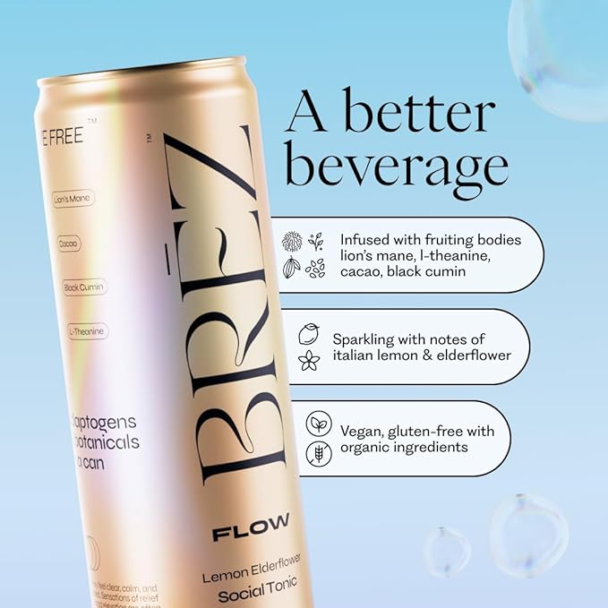 BRĒZ FLOW Lion’s Mane Mushroom Drink 24 Pack, Lemon Elderflower, Supports Mood & Focus, Non-Alcoholic Sparkling Adaptogen Drink, Functional Mushrooms, Feel Clear, Calm & Refreshed- 12 Fl oz Cans