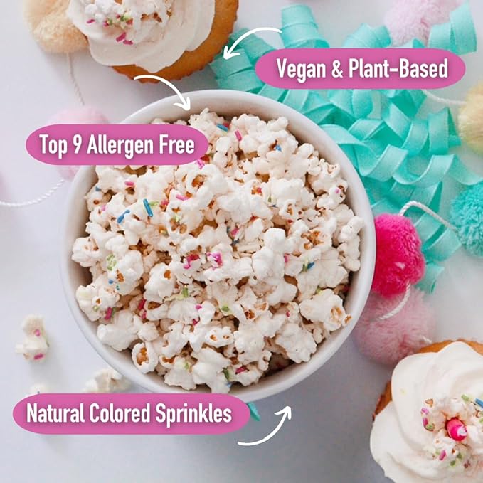 Safe + Fair Birthday Cake Drizzled Popcorn - Gluten-Free, Dairy Free and Vegan Snack - Free From Top 9 Allergens and Artificial Ingredients – Non GMO, Plant Based Kettle Popped Corn, 5.5 oz