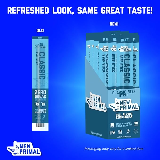 The New Primal Grass Fed Beef Sticks, Keto, Gluten Free Healthy Snacks for Adults, Sugar Free Low Carb High Protein Snack, Paleo Whole30 Jerky Meat Stick, 8g Protein, 90 Calories, 80 Pack