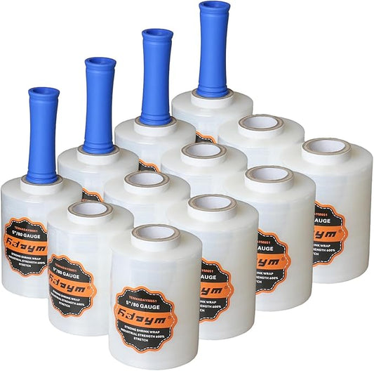 ADAYM Stretch Film Shrink Wrap Roll - 5" x 1200' - 80 Gauge 600% Stretch Self-Adhering 5 inch Mini Plastic Wrap for Moving, Packing, Shipping, Furniture & Pallet Stabilization(12 Rolls)