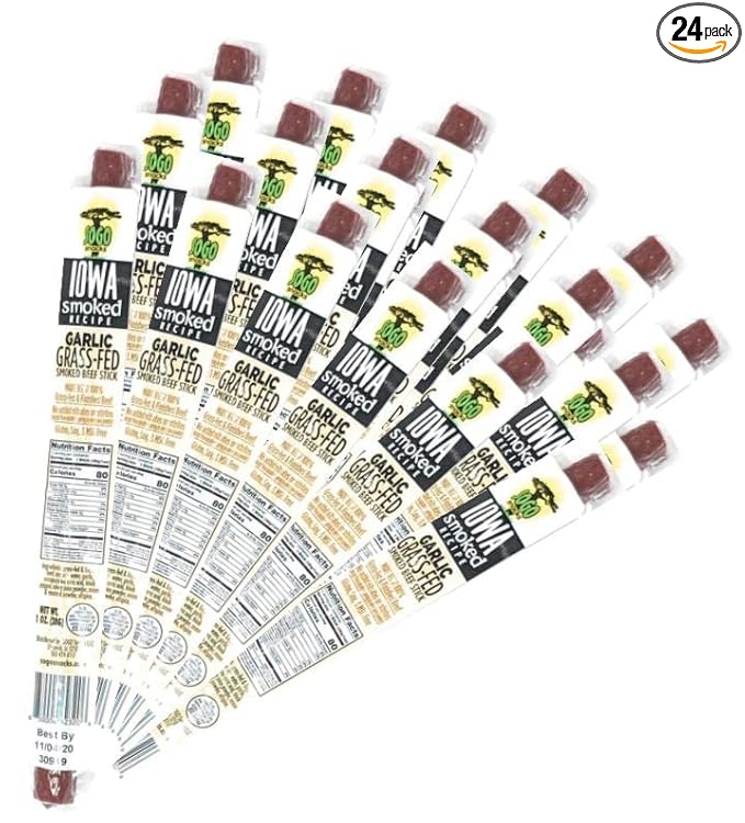 Garlic, Sogo Snacks, Sugar Free Beef Jerky, Non-GMO Grass-fed Beef Sticks. No Nitrates, Gluten, Soy, MSG, Dairy, or Nuts. Paleo, Whole30, & Keto Snack (Garlic-ISR, 1-oz, 24 Cnt)