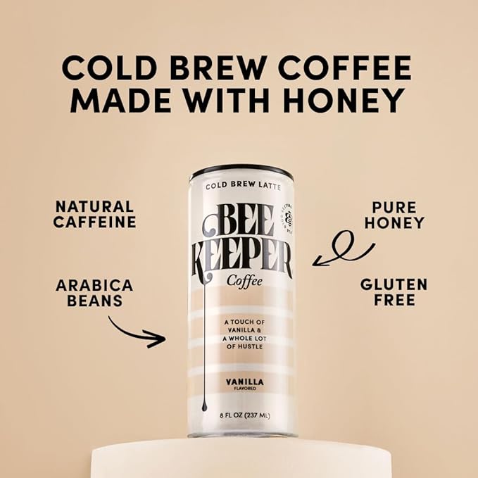 Beekeeper Vanilla Latte Cold Brew Coffee Drinks with Oregon Honey | 12 Pack Refreshing Iced Coffee - Unsweetened & Strong Arabica Brew, 8 fl oz Ready-to-Drink Can - 180mg Natural Caffeine