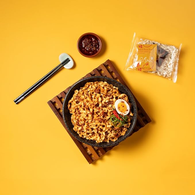A-Sha Squiggly Noodle with Chili Crisp Drizzle and Rich Soy Sauce (24 Packs) | 11g of Protein | Premium Air Dried Never Fried Noodles