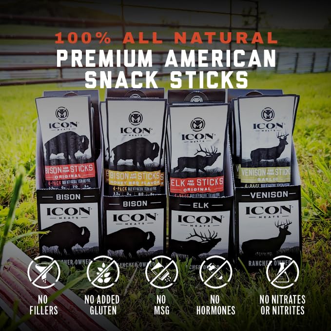 ICON Meats Snack Sticks Sampler, 6 Pack High Protein Snacks, Assorted Bison, Elk, Venison & Pork Jerky, 4 Meat Sticks per Pack, Gluten Free, Low Sugar, Made in the USA, Gifts & Stocking Stuffers