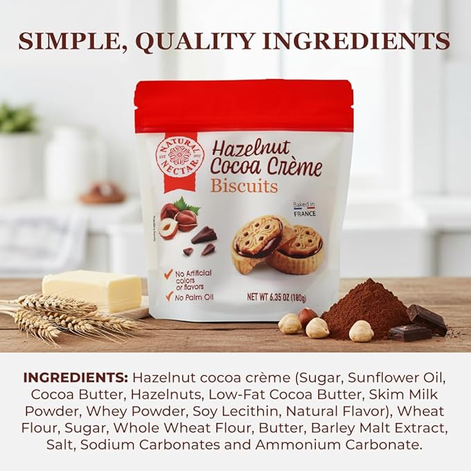 Natural Nectar Hazelnut Cocoa Crème Biscuits 6.35 oz – Sandwich Biscuits Filled with Smooth Hazelnut Cocoa Cream; Snack Cookies for Coffee Breaks & Dessert