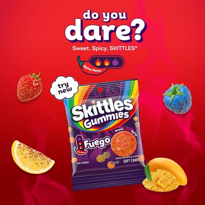 SKITTLES GUMMIES Fuego Sweet and Spicy Gummy Candy, 5.8 Oz Bag, 12 Pack