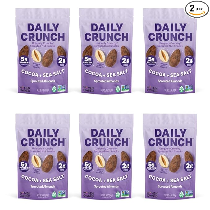 Daily Crunch Sprouted Almonds and Dehydrated nuts for a Unique Crunch, Keto Friendly, Non-GMO Zero Seed Oils, Gluten Free 4oz (6 Pack, Cocoa & Sea Salt)