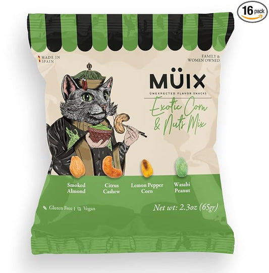 Müix Snacks, Premium Snack Mix: Exotic Mix - 2.3 Ounce Bags (Pack of 16 Bags), Healthy Trail Mix, Snack Mix (Smoked Almond, Citrus Cashew, Peppper Lemon Corn, Wasabi Peanut), Gluten Free, Vegan Snack