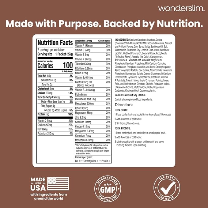 WonderSlim Meal Replacement Shake, Chocolate Cream, 15g Protein, 24 Vitamins & Minerals, Gluten Free (7ct)