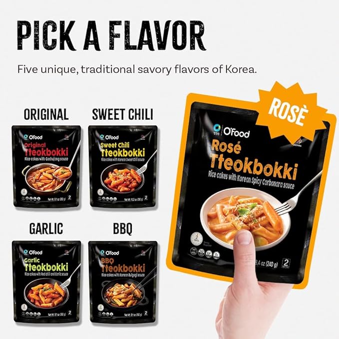 Tteokbokki Korean Rice Cakes – [Rose/Spicy Carbonara | Pack of 1] – Gluten Free | Ready in 3 Minutes | 0 Cholesterol/ 0 Trans Fat | 2 Servings Street Snack | Healthy/Savory/Spicy - O’food