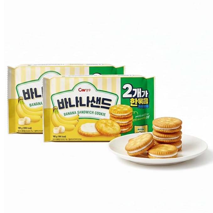 Korean Food CW Banana Sandwich Cookies, Sweet Banana Cream Biscuits, 1+1 Family Pack (6 Packs x 2, 12 Packs Total, 360g / 12.7 oz Total), Crispy Korean Snack