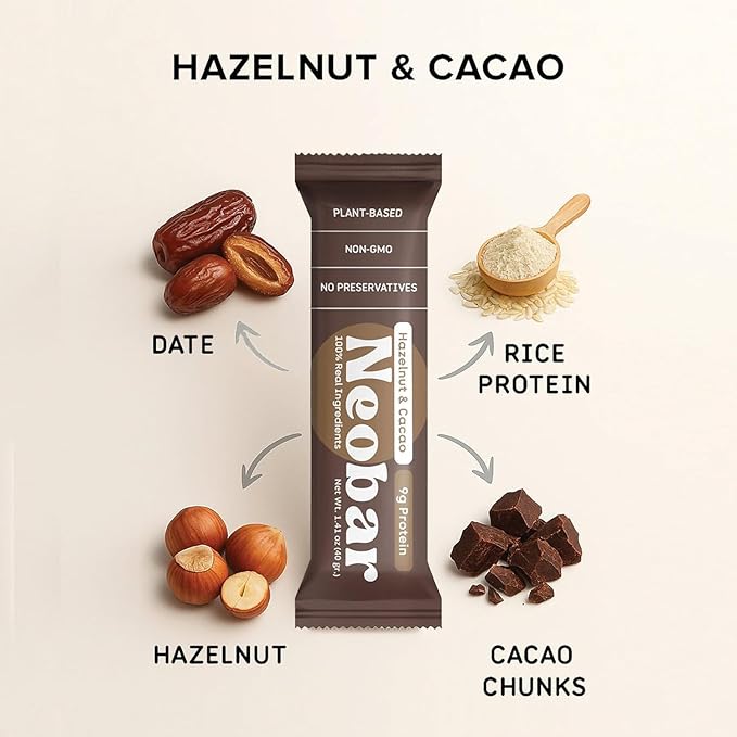 NEOBAR Fruit and Nut Bars - Plant-Based Vegan Snack Bars, Gluten Free Dairy Free Snacks, No Preservatives, No Refined Sugars Added, Non-GMO | Hazelnut & Cacao, 9g Protein,12 Count