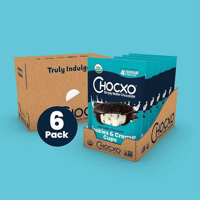 Chocxo Dark Milk Chocolate Cookies & Crème Cups - Lower Sugar, 69% Organic Cacao, NonGMO, Keto, Gluten Free, Kosher, No Artificial Sweeteners/Sugar Alcohols, 3.45 oz (Pack of 6)