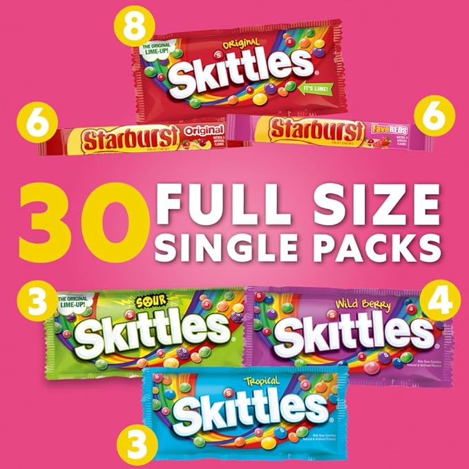 SKITTLES & STARBURST Assorted Candy Variety Pack for Holidays, Gifts, Parties, Candy Assortment, 62.79 oz (30 Count) Bulk Box