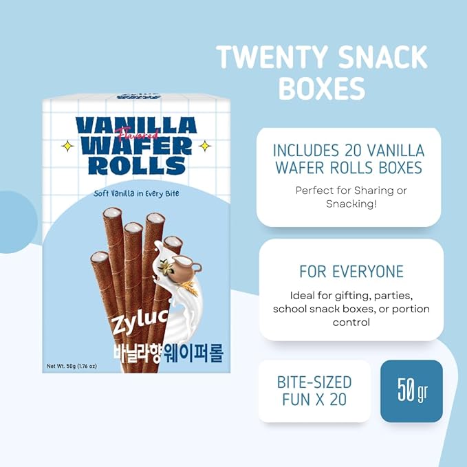 Zyluc Vanilla Wafer Rolls – Crispy Cream-Filled Cookies, Vanilla-Flavored Snack, Portion-Controlled 200 Cal Treat, No Cholesterol or Trans Fat, Premium Dessert Pack, 50g x 20 Boxes